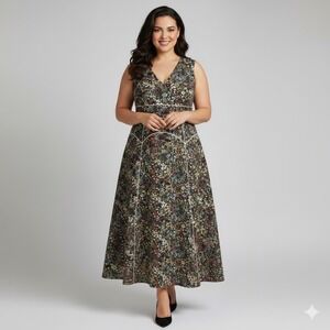 eShakti Floral Maxi Dress Women XL Black A Line Plunge V Neck Sleeveless Event‎